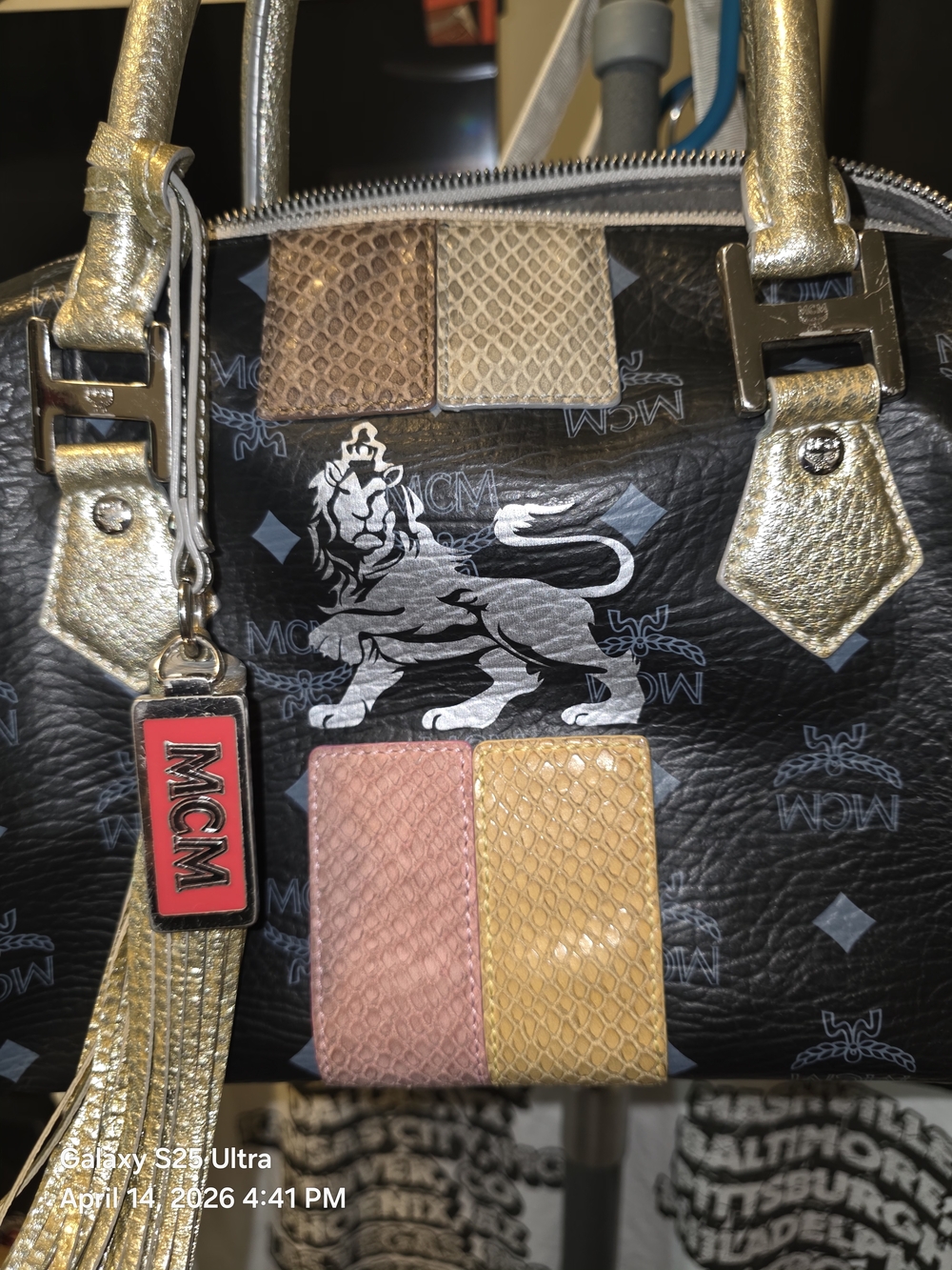 SOLD)))MCM Metallic Black Leather Small/Med Boston Bag W/ Gold and Pink Accents. - Picture 4 of 15